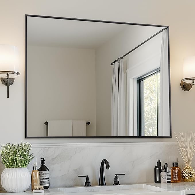 Antok 40x32 Black Metal Framed Bathroom Mirror, Wall Mirror with Rect Corners, Vanity Mirror for Over Sink, Anti-Rust Tempered Glass, Horizontal/Vertical Hanging for Bathroom, Living Room, Entryway