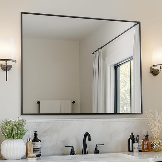 Antok 40x32 Black Metal Framed Bathroom Mirror, Wall Mirror with Rect Corners, Vanity Mirror for Over Sink, Anti-Rust Tempered Glass, Horizontal/Vertical Hanging for Bathroom, Living Room, Entryway