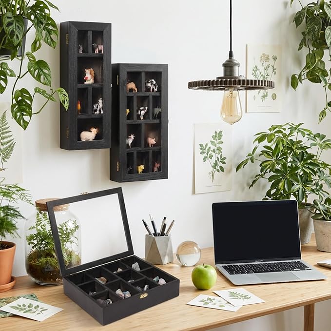 DoubleFill Set of 3 Wooden Trinket Display Shelf Shadow Box with Shelves 10 x 15 Inch Large Wall Mounted Display Storage Mini Figures Curio Trinket Medals Crafts Collections(Black,Box Shape)