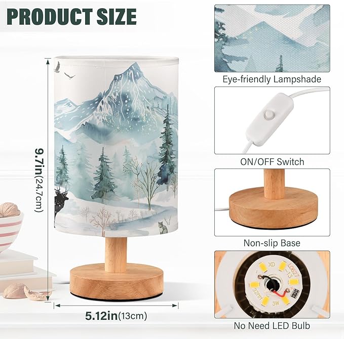Table Lamp Watercolor Winter Forest Tree Animal Mountain Bear Deer Owl Nightstand Lamp with Wood Base Fabric Lamp Shade Bedside Desk Lamp for Living Room Bedroom Kids Room Office