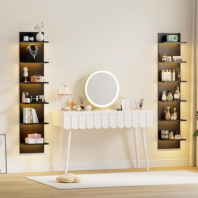 Qupui 6 Tier Wall Shelf Unit with LED Remote Control Light, Floating Storage Home Decor Organizer Shelving for Bedroom Living Room, Black
