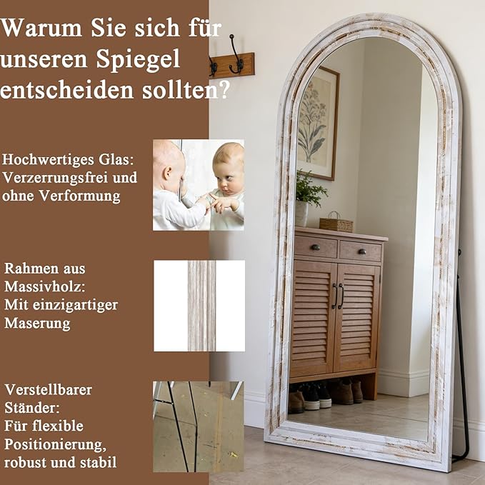 CASSILANDO 71x32 Inch Arched Full Length Mirror with Solid Wood Frame Wall Mounted Floor Mirror, Vertical Hanging Leaning Standing Mirror for Living Room, Bedroom, Entryway, Rustic White