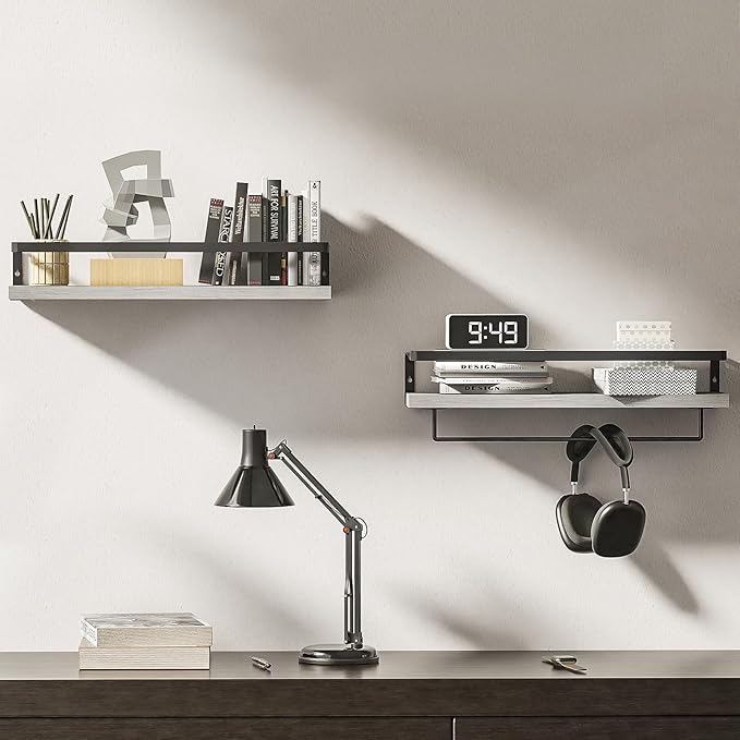 Bathroom Shelves with Towel Bar,Floating Shelves for Bathroom, Kitchen, Bedroom, Paulownia Wood, Matte Black Metal Frame - Set of 2 (White)