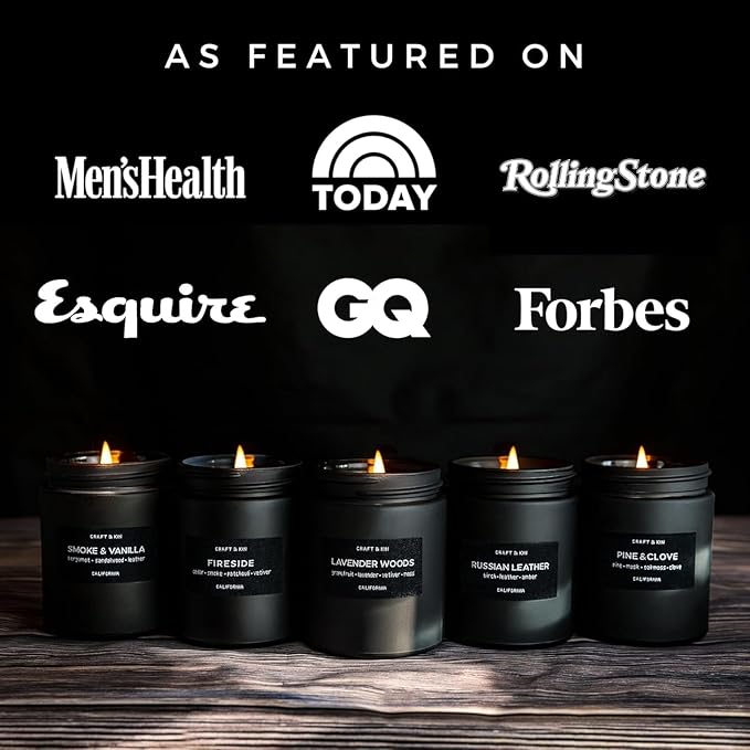 Craft & Kin Premium Vintage Leather Candle | Black Scented Candles for Men | Long Lasting with 45 Hour Burn Time, 7.6oz | Soy Candles | Aromatherapy at Home | Gifts for Men