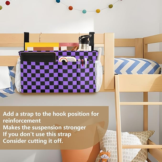Checkerboard Black Purple Plaid Print Bedside Caddy Storage Bag Bedside Organizer for Bunk Bed Headboards College Organizer Caddy Hanging Shelf 6 Pockets with Hooks for Drinks Magazine Phone Holder