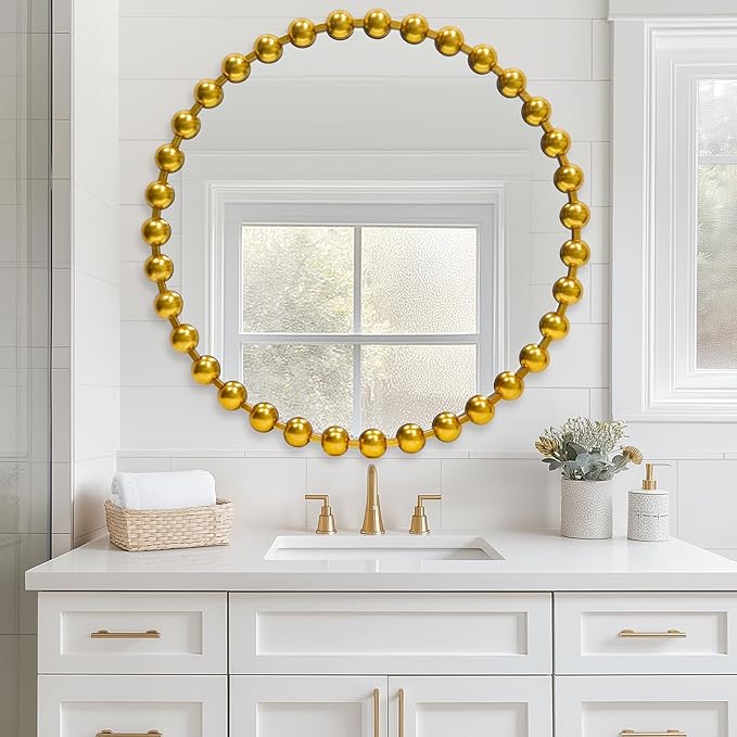 Round Gold Mirror 30'', Beaded Mirror for Wall Decor Large Circle Mirror for Bathroom, Dining Roon, Bed Room, Entryway