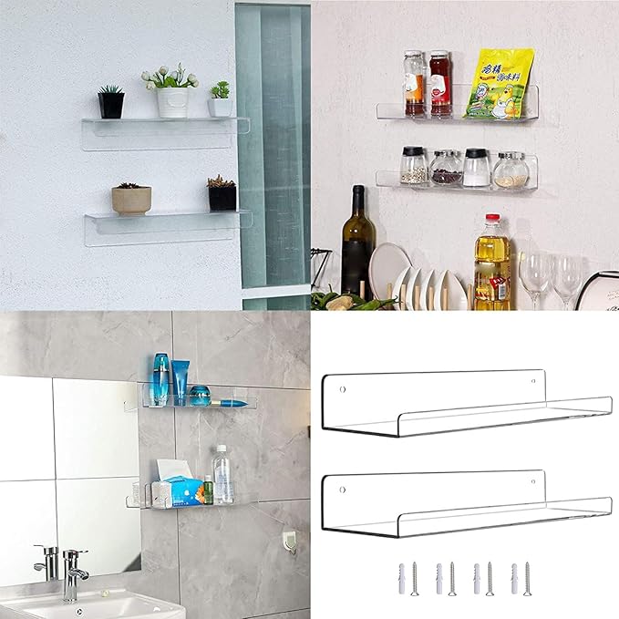 2pcs Acrylic Floating Shelves Adhesive Invisible Wall Shelf No Drilling Organizer for Bathroom Bedroom Clear Display Makeup Organizer