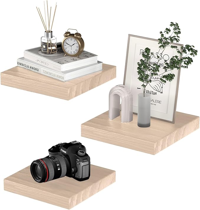 PopiShelves Small Floating Shelves for Wall - 9 Inch Square Natural Wood Shelves for Bedroom, Living Room, Bathroom, Kitchen, Office Decor Set of 3
