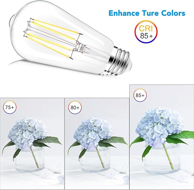 PARTPHONER LED Light Bulbs Dimmable Vintage Edison Bulb, E26 LED Bulb 60W Equivalent 720 Lumens, Daylight 5000K, ST58 Antique LED Filament Bulb CRI 85+, Clear Glass, Pack of 4, PABB042DN4