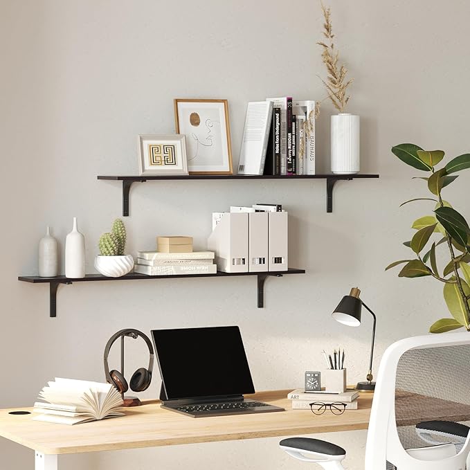 DINZI LVJ Long Wall Shelves, 55.1Inch Floating Shelves Wall Mounted, Extra Large Floating Storage Ledges with Sturdy Metal Brackets, Set of 2, for Living Room, Bathroom, Entryway, Kitchen, Espresso