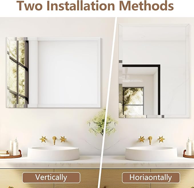 30x36 Inch Rectangle Frameless Mirror, Beveled Bathroom Mirror, Frameless Wall Mirror with 1" Beveled Edge for Bathroom Vanity, Entryway, Living Room