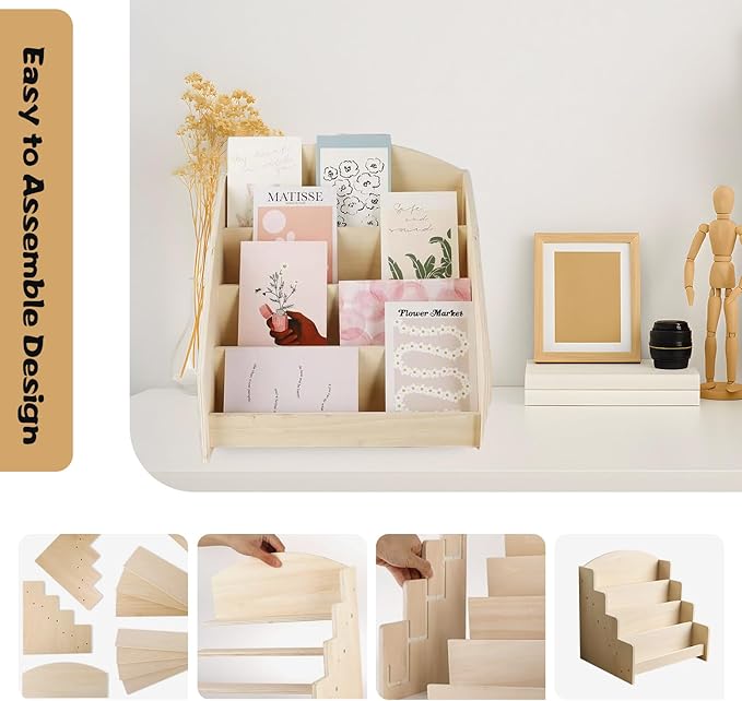 4-Tier Wooden Greeting Card Display Stand, Sticker Card Display Stand & Postcard Holder,Greeting Card Organizer,Retail Counter Rack for Brochures, Photos, &Stationery