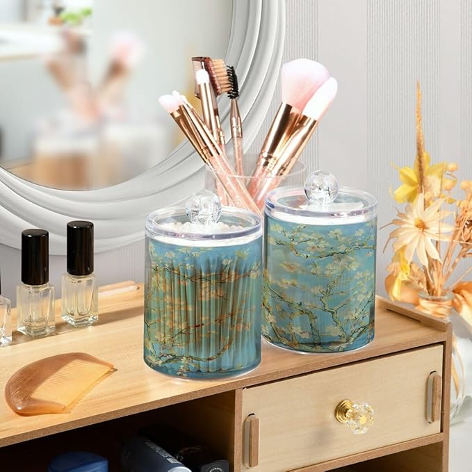 Qtip Holder Dispenser for Cotton Ball, Cotton Swab, Cotton Round Pads Clear Plastic Apothecary Van Gogh Almond Blossom Jar Set for Bathroom Canister Storage Organization, Vanity Makeup Organizer