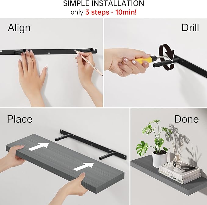 BAYKA Grey Floating Shelves for Wall 22.5 inch, Wall Mounted Shelf for Bedroom, Living Room, Kitchen – Wood with Hidden Metal Brackets, 22LBS Capacity, 6.7” Deep – Storage for Books, Plants, Decor