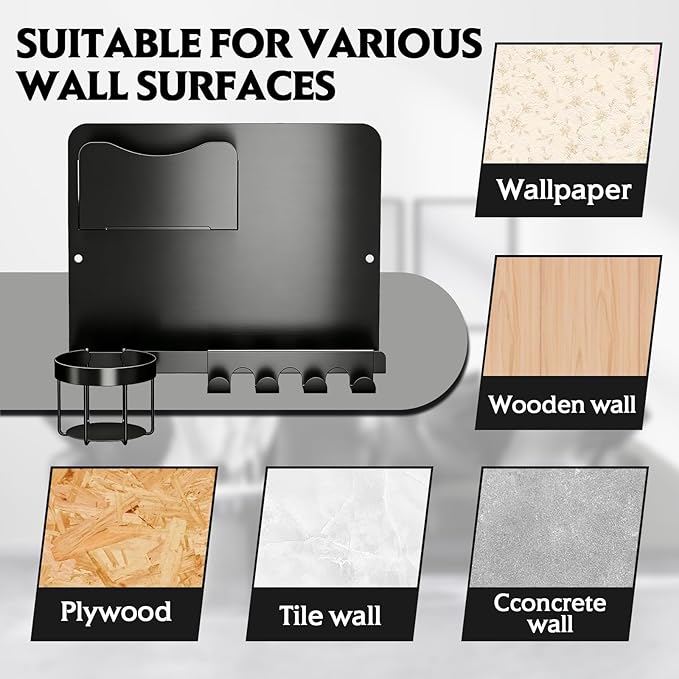 SPOKKI Floating Bedside Wall Shelf Organizer with Remote Control Holder;Metal Adhesive Wall Mount Nightstand Shelf for Bedroom;Dorm Room Essentials;Bed Shelf for Phone,Earphone,Kindle (Black)