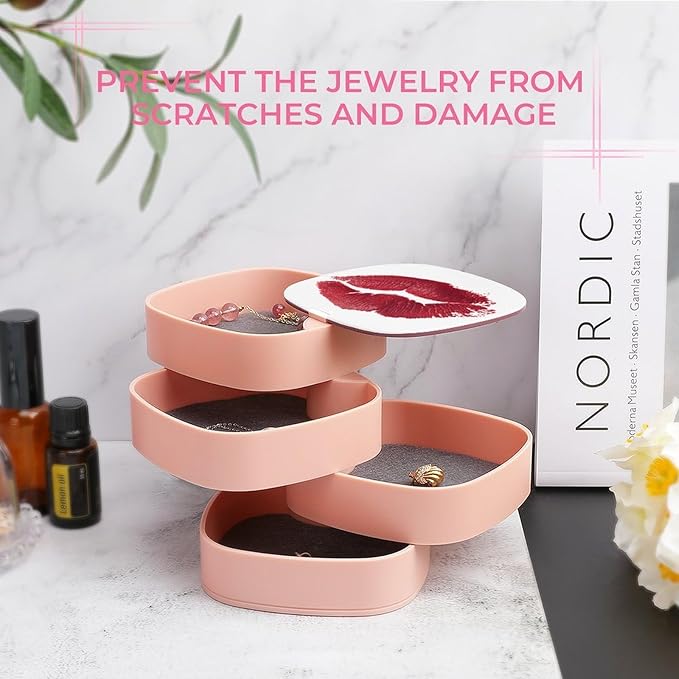 Red Lipstick Kiss Mark Makeup Texture Jewelry Boxes for Women, Earring Holder Organizer Rotating Jewelry Organizer for Necklaces Bracelets Ring