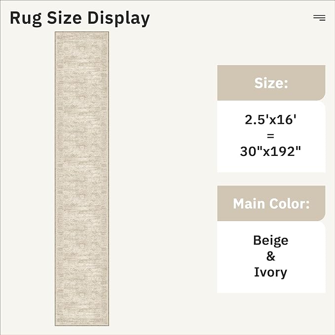 Soalmost Runner Rug 2'6" x 16' Washable Non-Slip 2.5x16 ft Long Runner Rugs for Kitchen Bathroom Laundry Room Vintage Ultra Thin Runners for Hallway Entryway Beige