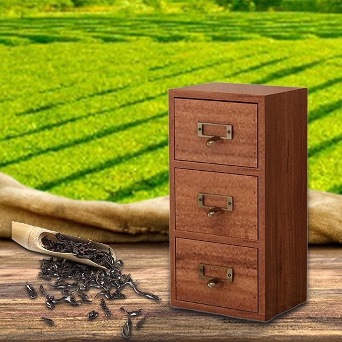 kowaku Wood Desk Organizer Desktop Jewelry Box Vintage Wooden Drawer Storage Box Tea Organizer for Dresser Countertop Home Kitchen, 3 Drawers, 13.5x10x26.5cm