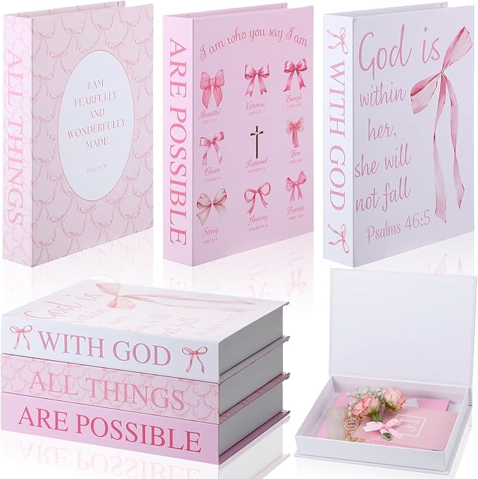 Beeveer 3 Pcs Pink Bow Decorative Books with Bible Verses for Coquette Room Decor Christian Preppy Fake Books with God All Things Are Possible Magnetic Storage Box for Girly Bookshelf School Christmas