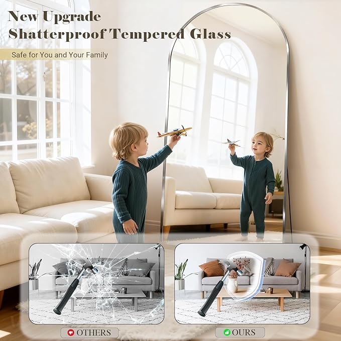 Mirror Full Length, 28"x71" Large Arched Floor Full Length Mirror with Stand, Room Decor Big Full Body Floor Mirror with HD Tempered Glass Aluminum Frame for Bedroom Living Room, Silver