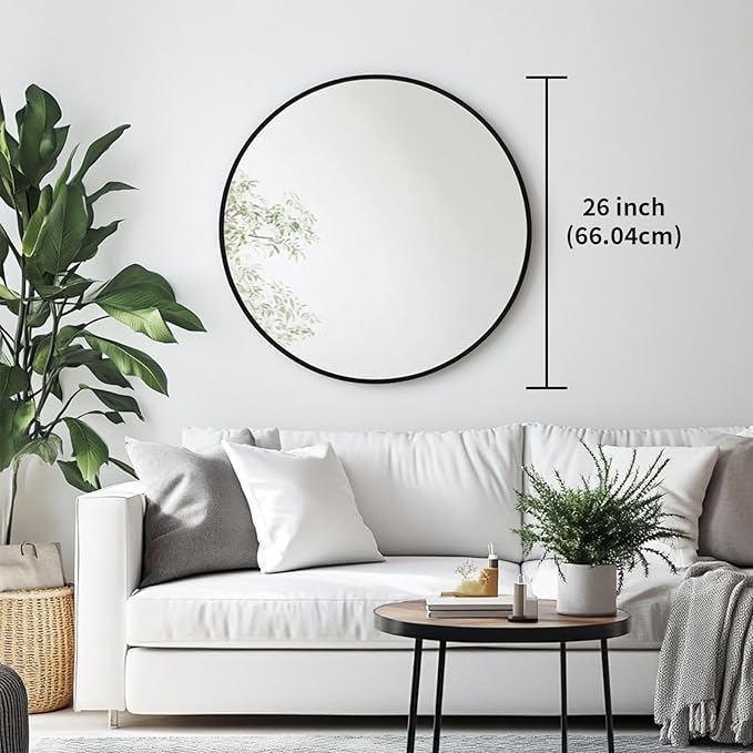 Oruii Round Mirror, Black Round Mirror 26 inch, Circle Wall Mounted Mirrors for Bathroom, Living Room, Bedroom, Vanity, Entryway, Hallway, Rustic
