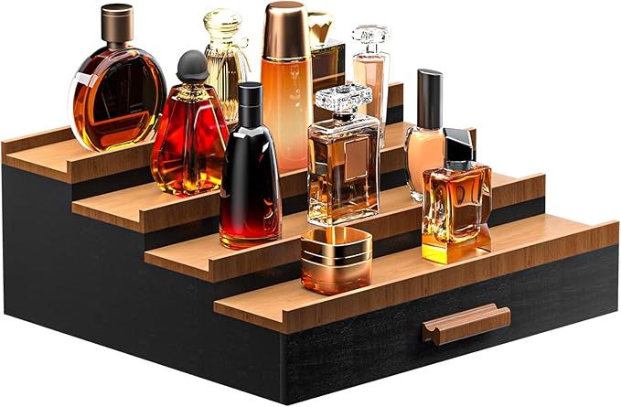 Sephyroth Cologne Organizer for Men 4 Tier of Elevated Cologne Display Shelf with Drawer Storage Perfume Organization and Storage Display Risers,Great Gift for Man(4Tier-BlackWalnut)