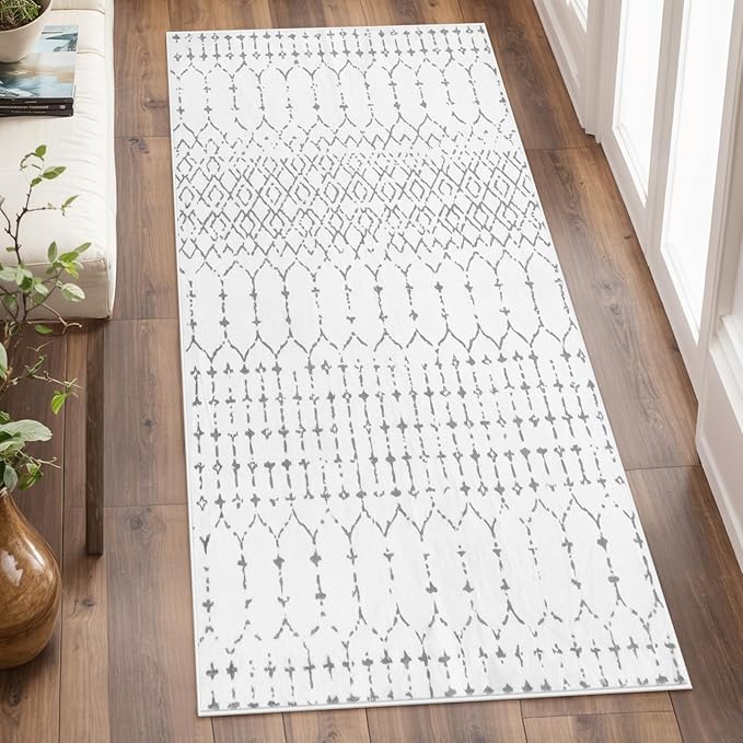 Lahome Moroccan Runner Rug for Hallway - 2x4 Rug Washable Non-Slip Small Carpet Runner Lightweight Throw Rubber Back Bath Carpet, Geometric Print Mat for Kitchen Entryway Bedroom Hana (White, 2'x4')