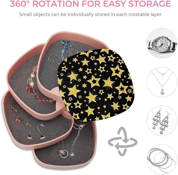 Earring Storage Box Organizer Jewelry Box Holder for Women 4-Layer Rotating Travel Jewelry Case (Black And Gold Stars Printed)