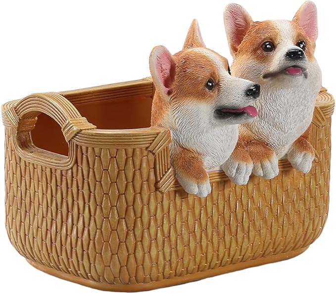 Dog Resin Storage Basket, Desktop Organizer for Remote & Keys, Cute Home Decor Tray, Ideal present for Pet Lovers.(Two corgis)