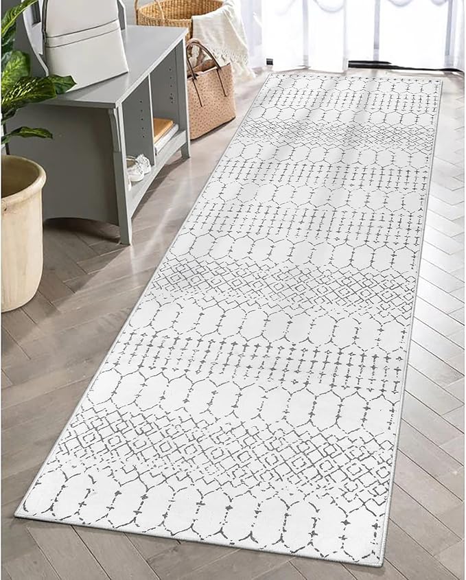 Lahome Moroccan Small Runner Rug - 2x5 Rug Runner Non-Slip Washable Laundry Room Rugs Throw Lightweight Hallway Carpet Indoor, Geometric Print Mat for Bedroom Kitchen Hana (White, 2'x5')