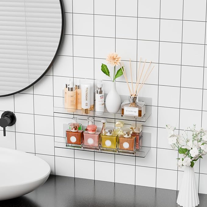 6 Pack Clear Acrylic Shelves for Wall with Adhesive,15 Inch No Drill Floating Shelves for Bathroom,Bedroom,Renter Friendly,Kids Room Bookshelf,Wall Display Shelf for Lego,Funko Pop,Figurine,Perfume