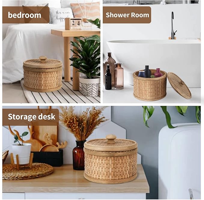 HUAXIN CRAFT H Rattan Round Decorative Box with Lid, Set of 2(Natural 7 inches and 5inches Diameter), Bohemian Wood Box For Storage.