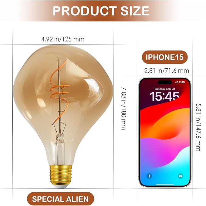40 Watt Decorative Vintage LED Light Bulbs, Special Alien 4W LED Filament Edison Bulb,2700K Oversized Golden Warm Lights,Dimmable E26 Lamp Base,1-Pack