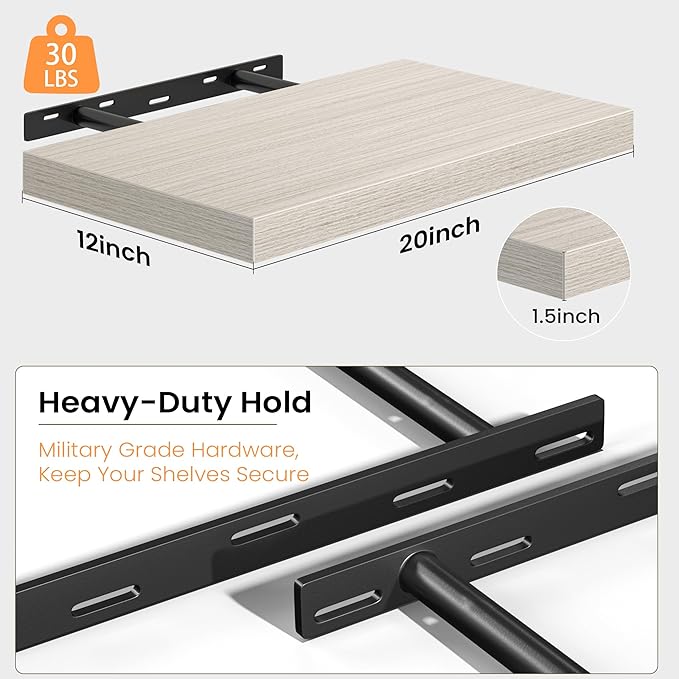 Floating Shelves Set of 2, 12 Inch Deep Floating Shelves with Heavy Duty Brackets, 20'' Rustic Wood Wall Mounted Shelf for Bathroom, Bedroom, Living Room & Kitchen, Modern Home Decor Storage, Gray