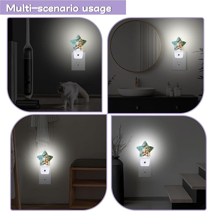 Starfish Shells Night Lights Plug Into Wall Decorative,Sea Beach Nightlight with Dusk Sensor for Bathroom,Kitchen,Entryway,Room Accent,Gifts