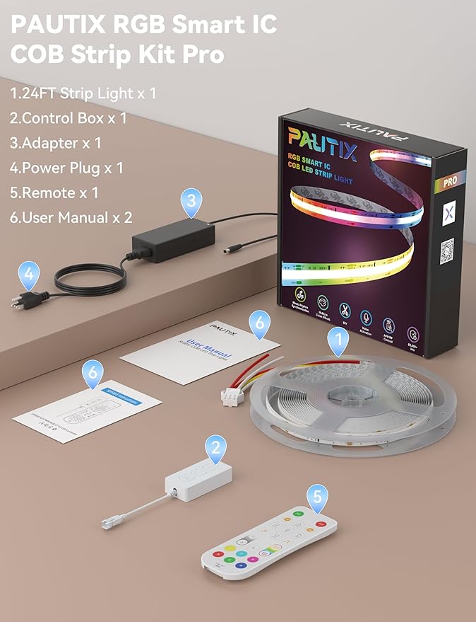 PAUTIX RGB Smart IC COB LED Strip Lights,Work with Alexa/Google Assistant,24ft/7.5m,720LEDs/m Addressable UL-Listed 24V Chasing Color Flexible Tape Light,for Cabinet,TV,Bedroom,Party DIY Decoration