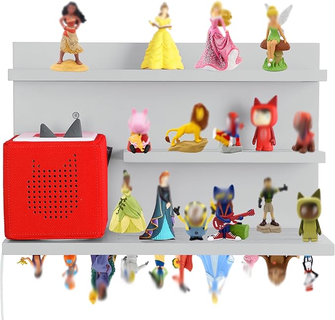 PHOENANCEE for Tonies Shelf Magnetic,for Toniebox Figures Storage Display Shelf (40-48 Character),Wall Floating Shelves,Compatible Charging Station for Children Kid's Room,Pine,3 Tier(Gray White)