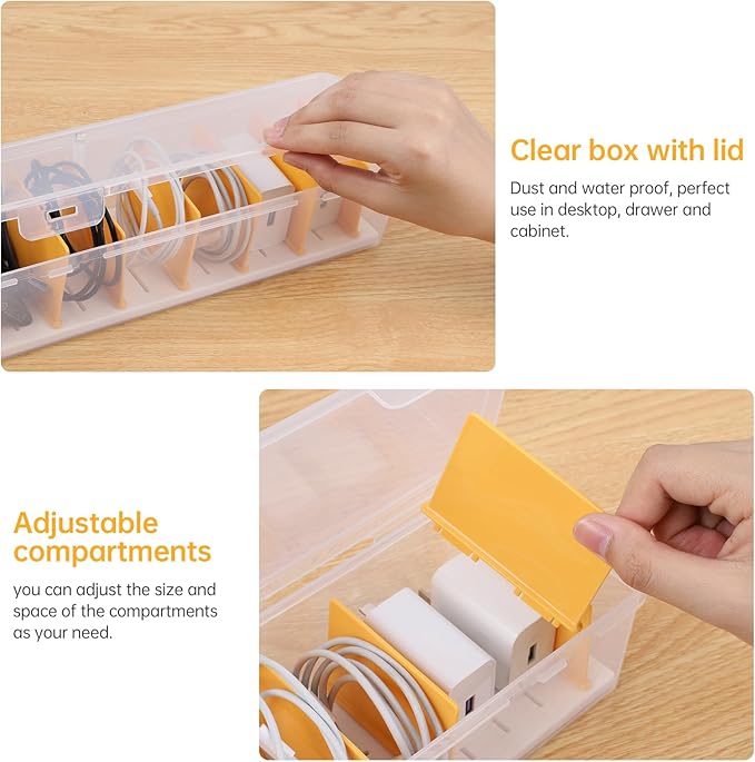 PAVSTINE Clear Cable Organizer Box with Lid, Plastic Charger Cable Cord Storage Organizer, Office Desk Organizers, Multifunctional Accessories Storage for Home Drawer Office, Stackable, Clear