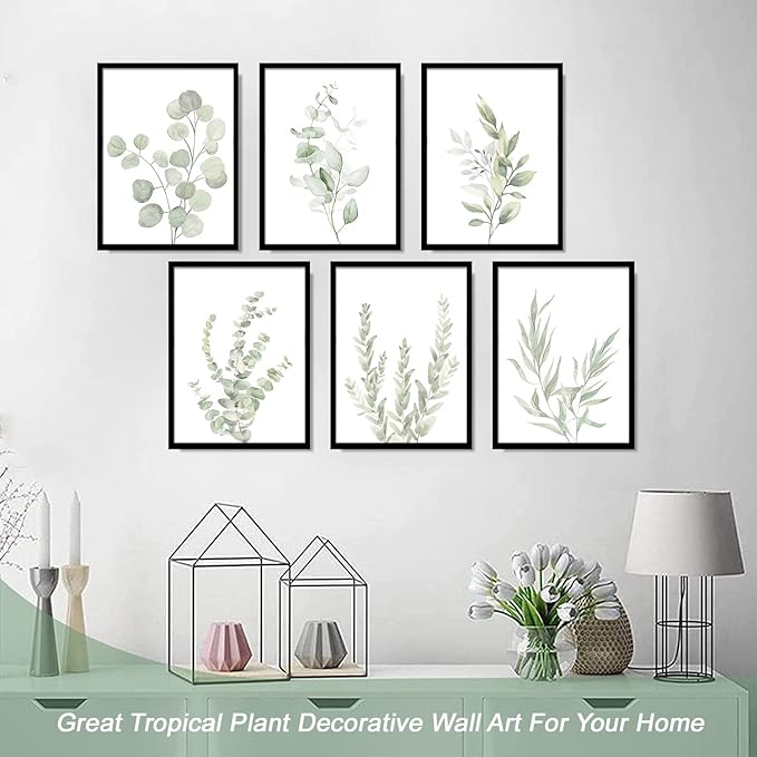 Botanical Plant Wall Art Boho Decor Prints Light Green Eucalyptus Leaf Picture Canvas Wall Art Minimalist Floral Wall Decor for Bedroom Living Room Bathroom Kitchen (Set of 6, 12x16 inch, Unframed)
