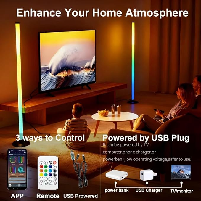 Ledagic Led Corner Floor Lamp USB Powered, IC+RGBW Music Sync Color Changing Led Lamp with App & Remote Control, Timer Setting, Standing Lamps for Living Room Lamp Bedroom Gaming Party, 2 Pack