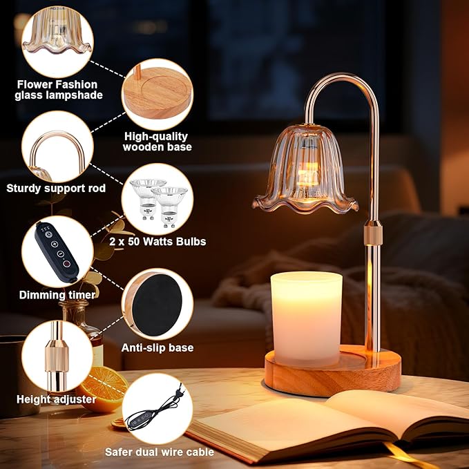 Candle Warmer Lamp Electric: Timer Dimmer Candles Warming Jar Light - Height Adjustable Dimmable Warmers Lamps - Flower No Flame Lamps with Heat Warm Melt Wax - Home Bedroom Decor Table Light