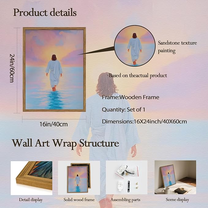 Pink Jesus Walking On Water Wall Art Painting Pink Christian Girl Wall Decor 3D Textured Sandstone Religious Artwork for Living Prayer Room Bedroom 16x24 inch Wood Framed