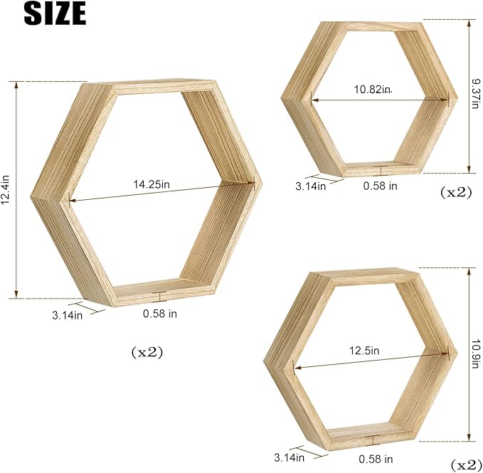 NOVIMANGO Hexagonal Floating Shelves Wall Mounted Set of 6 Wooden Hexagon Shelves Farmhouse Storage Honeycomb Shelves Hexagon Hanging Shelves Rustic Geometric Shelf for Nursery Bedroom Living Room