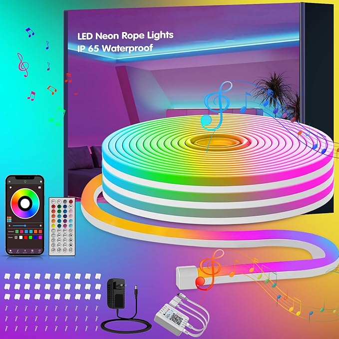 Ledagic 65.6ft RGB LED Neon Rope Lights with App, Remote Control, IP65 Waterproof Neon Light Strip Outdoor Indoor, DIY Design Flexible Led Strip Lights for Bedroom Essentials, Gaming Accessories