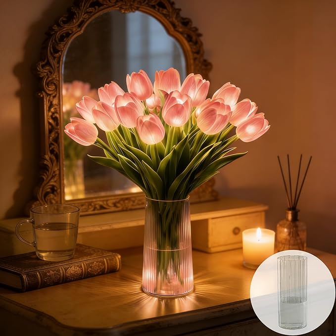 Radiant Romantic Tulip Light with a Vase, 15 PCS Twinkling Tree Tulips Led Night Light that Never Fade, Flower Shaped Ambient Night Lamp for Bedroom Bedside Decor & Gift (Pink(with Vase))