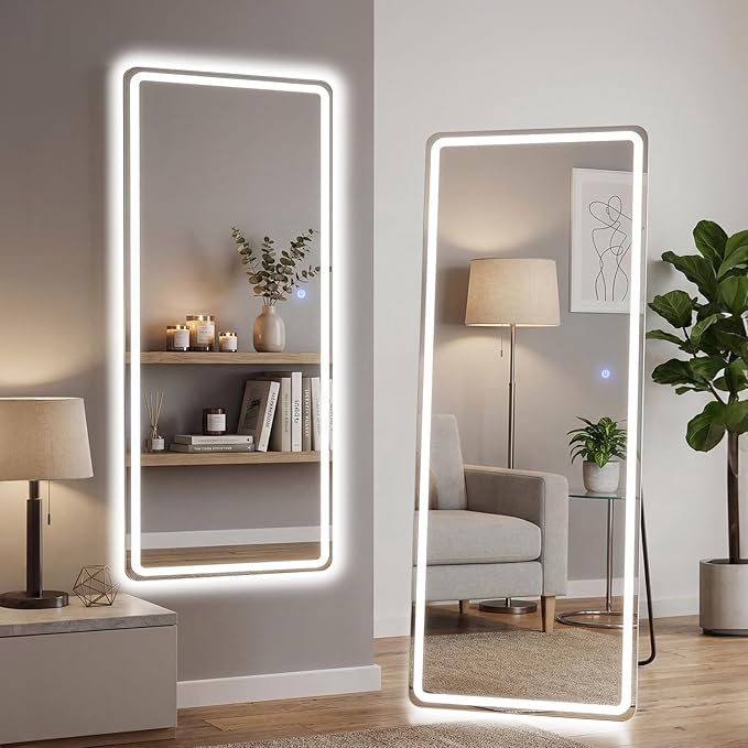 Mirror Full Length, Upgraded Body Wall Mirrors with Shatter-Proof Glass, Floor Standing, Hanging or Leaning, Tall Mirror with Stand Aluminum Alloy Frame for Bedroom