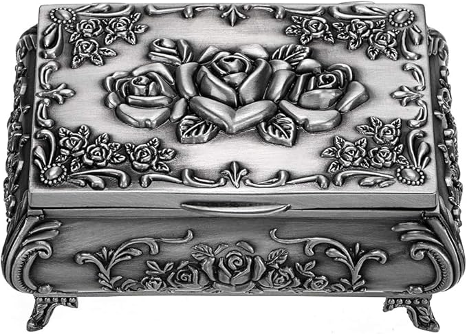 Hipiwe Vintage Metal Jewelry Box Small Trinket Jewelry Storage box For Rings Earrings Necklace Treasure Chest Organizer Antique jewelry Keepsake gift Box Case for Women (Small)