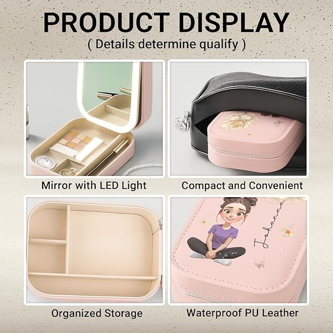WANDERPRINT Personalized Floral Makeup Box with LED Mirror – Custom Name Birth Month Flower Jewelry Organizer, Travel Cosmetic Case Gift for Women & Girls on Christmas Birthday (Birth Month Girl 1)