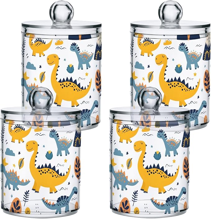 2 Pack Qtip Holder Dispenser for Cotton Ball Dino Childish Dinosaur Doodle Swab Cotton Round Pads Clear Plastic Acrylic Jar Set Bathroom Canister