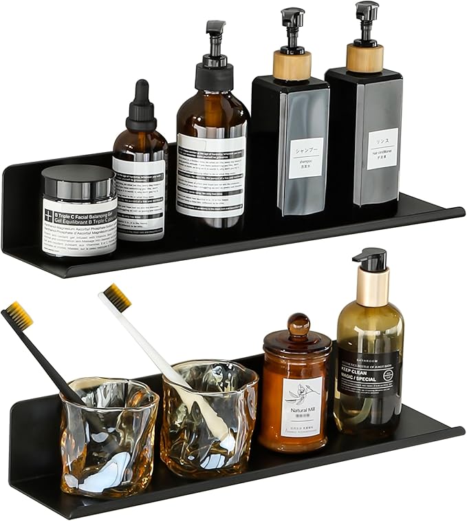 SAYAYO Black Floating Shelves for Wall Storage, 16 Inch Screw or Self Adhesive Wall Shelves for Bedroom Decor, Display Bathroom Shelf Organizer for Kitchen, Living Room, Office, 2pcs